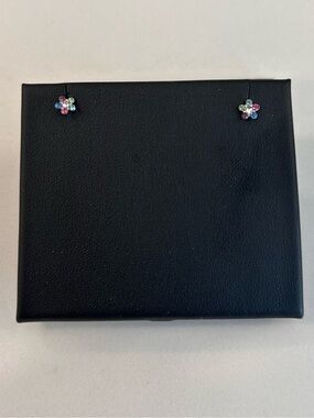14K White Gold -Multicolor Crystal Flower Stud Earrings